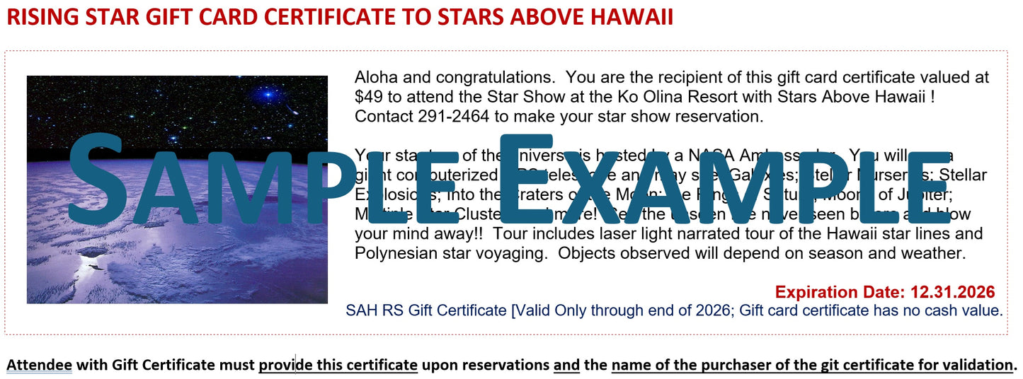 Gift Card Certificate to Stars Above Hawaii