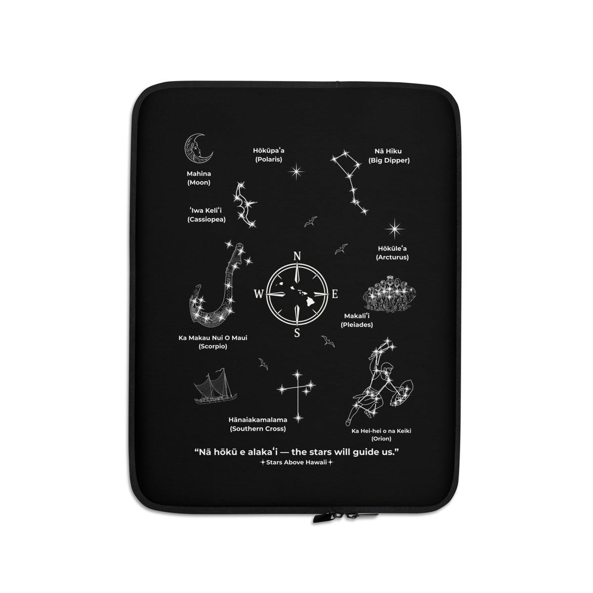 Black Hawaiʻi Star Navigation laptop sleeve with celestial wayfinding artwork