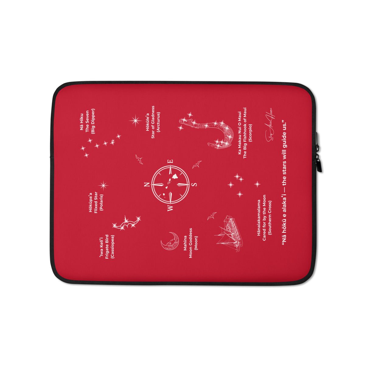 Red Hawaiʻi Star Navigation laptop sleeve showing star-navigation design and black trim