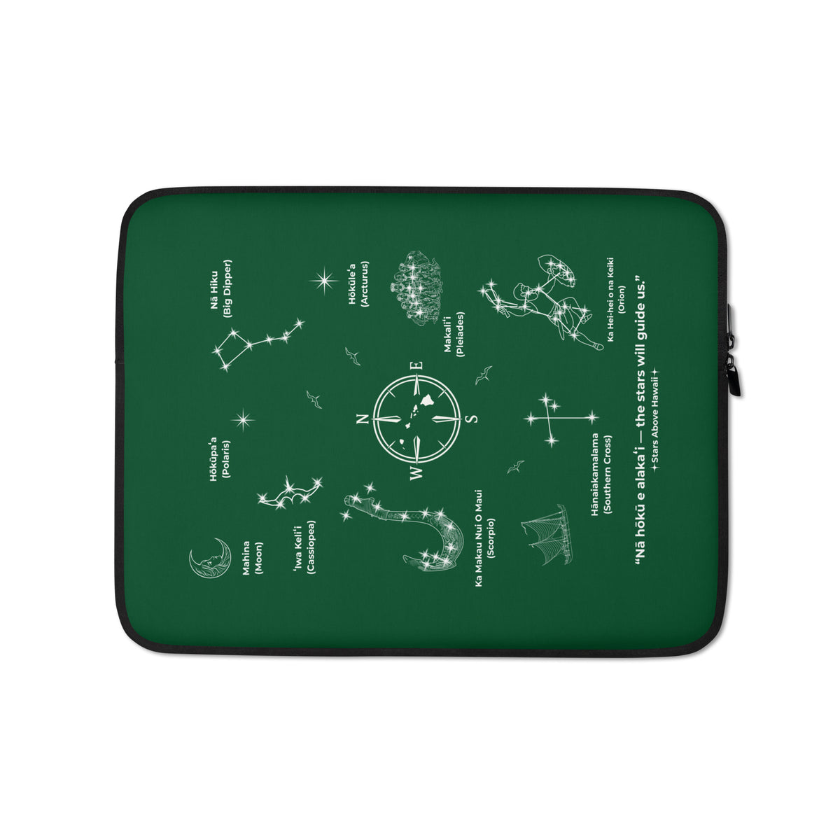 Green Polynesian Star Navigation laptop sleeve with celestial wayfinding artwork. 13-inch size