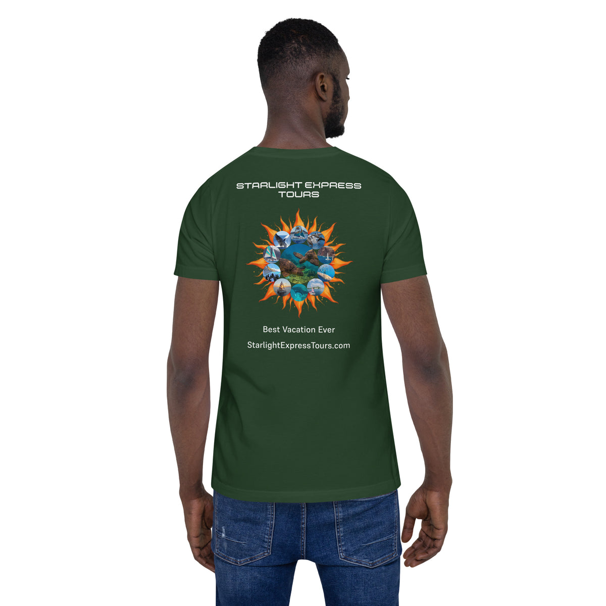 Forest green Starlight Express Tours Best Vacation Ever T-shirt with colorful Hawaiʻi-inspired back artwork