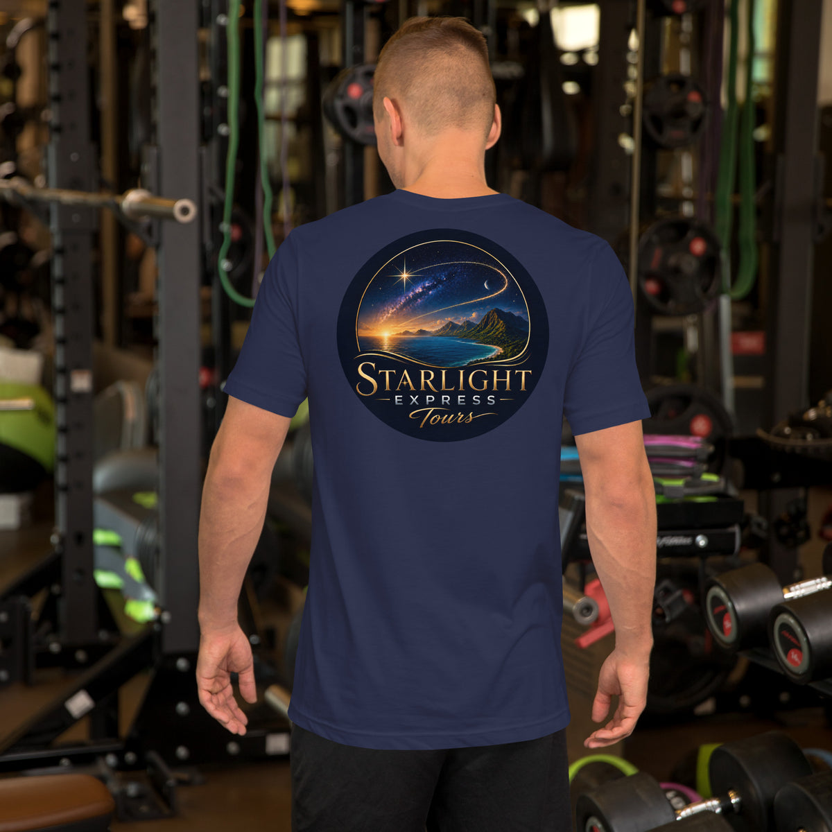 Starlight Express Tours Logo T-shirt shown in an outdoor lifestyle setting