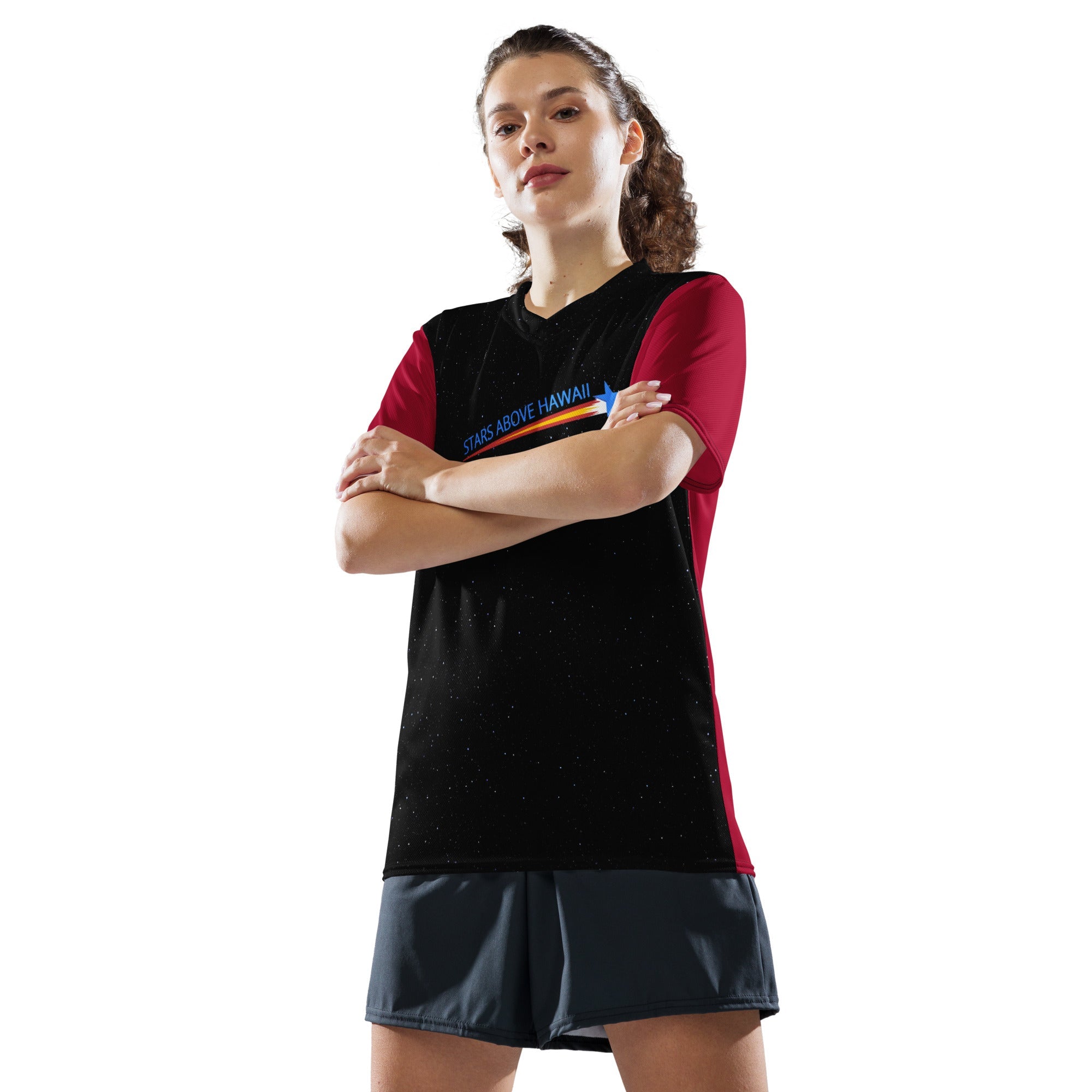 Athletic woman wearing an awesome sports jersey with Rising Star logo.