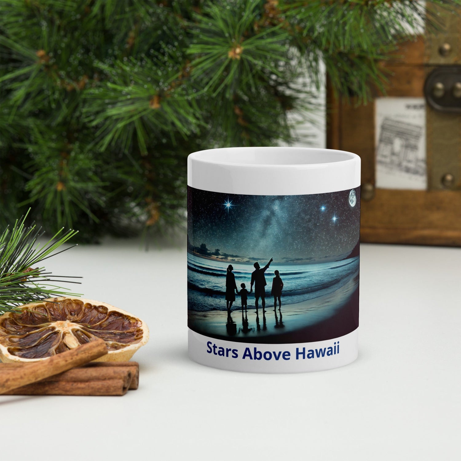 Incredible coffee mug beach scene with family under the stars and Moon.