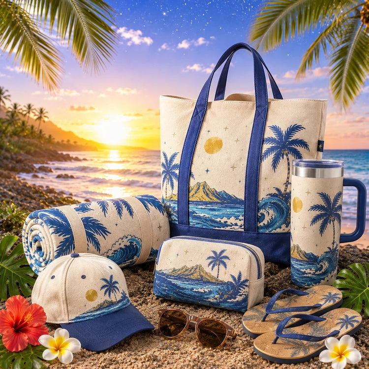 Beach and travel gifts with tote, towel, cap, drinkware and accessories for Hawaiʻi trips