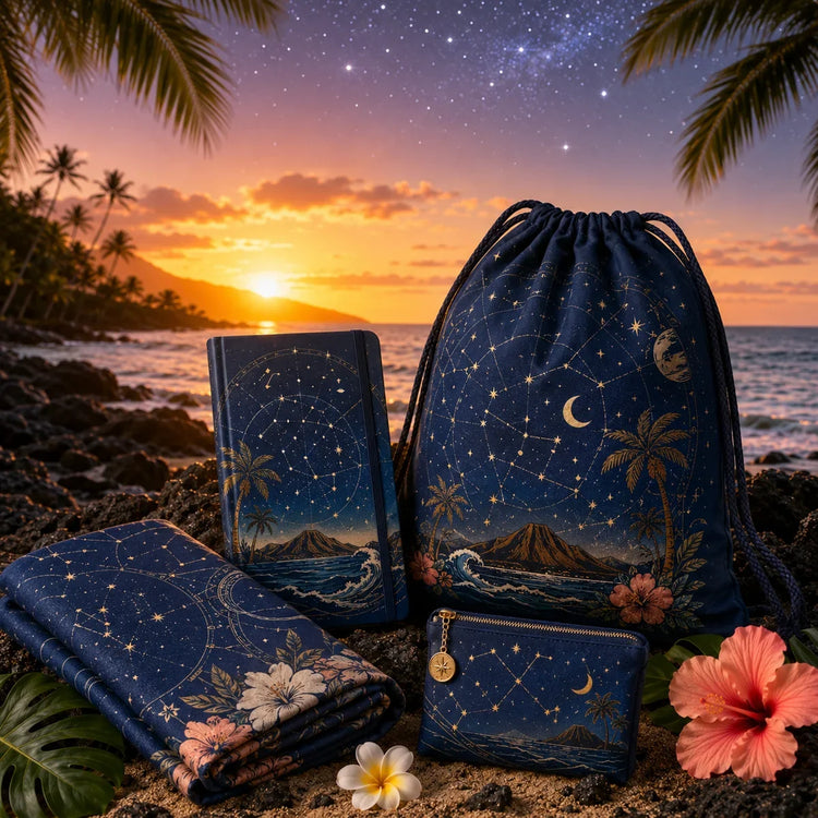 Hawaiʻi Star Lines gifts featuring celestial navigation designs on bags, textiles and accessories