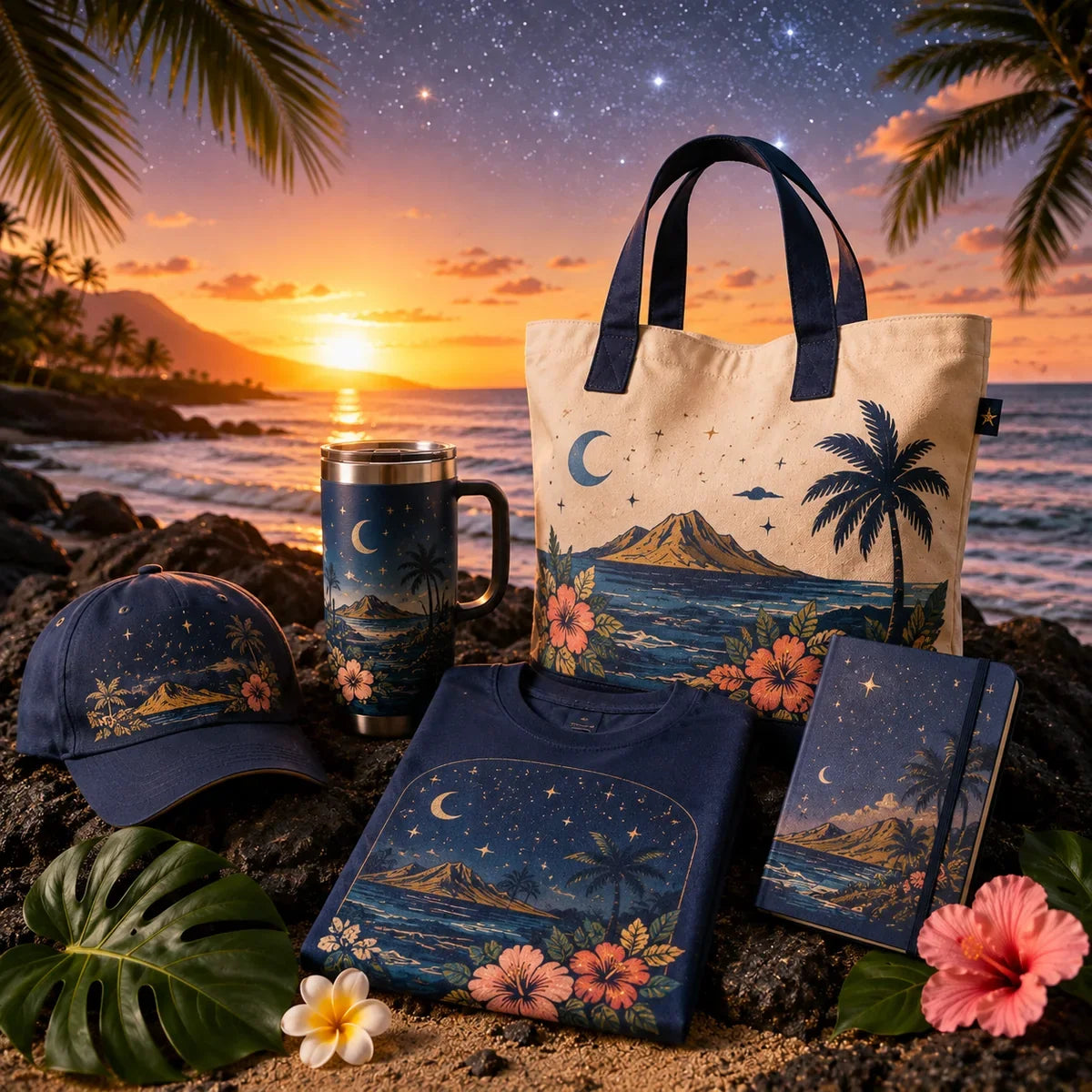 Stars Above Hawaiʻi gifts with apparel, cap, tote and drinkware at a Hawaiʻi sunset