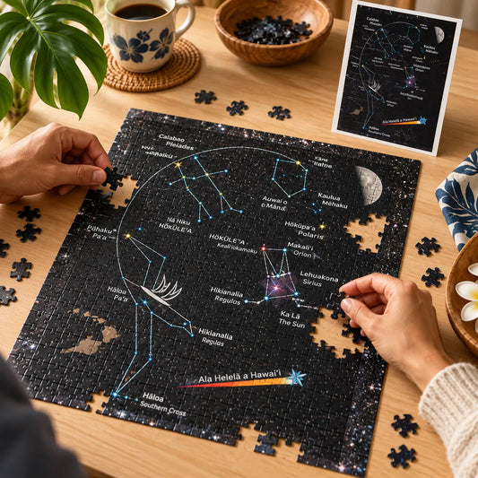 Hawaiʻi Winter Star Line jigsaw puzzle being assembled on a table with Hawaiian astronomy artwork