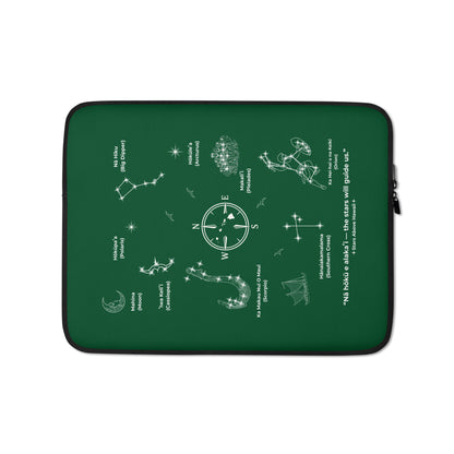 Green Polynesian Star Navigation laptop sleeve with celestial wayfinding artwork. 13-inch size