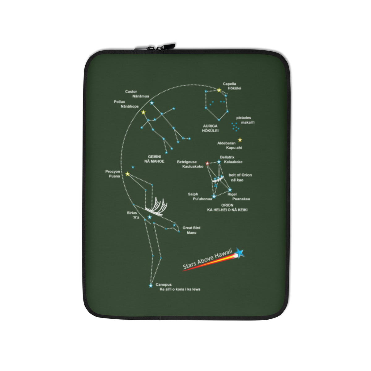 Dark green Hawaiʻi Winter Star Line laptop sleeve with Hawaiian star-navigation artwork