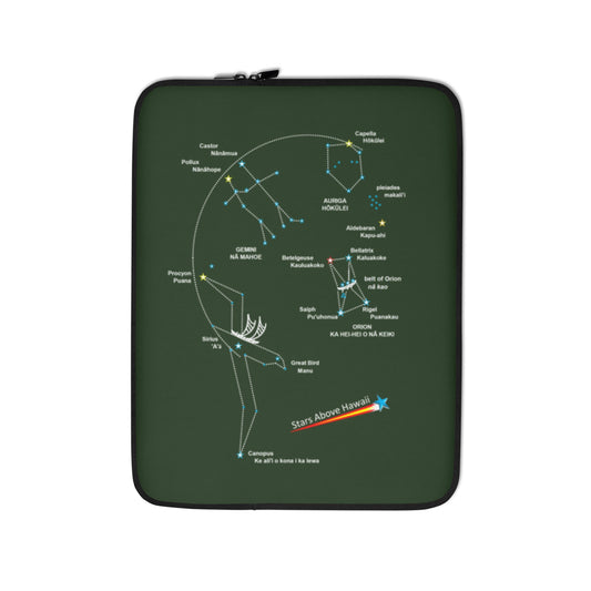 Dark green Hawaiʻi Winter Star Line laptop sleeve with Hawaiian star-navigation artwork