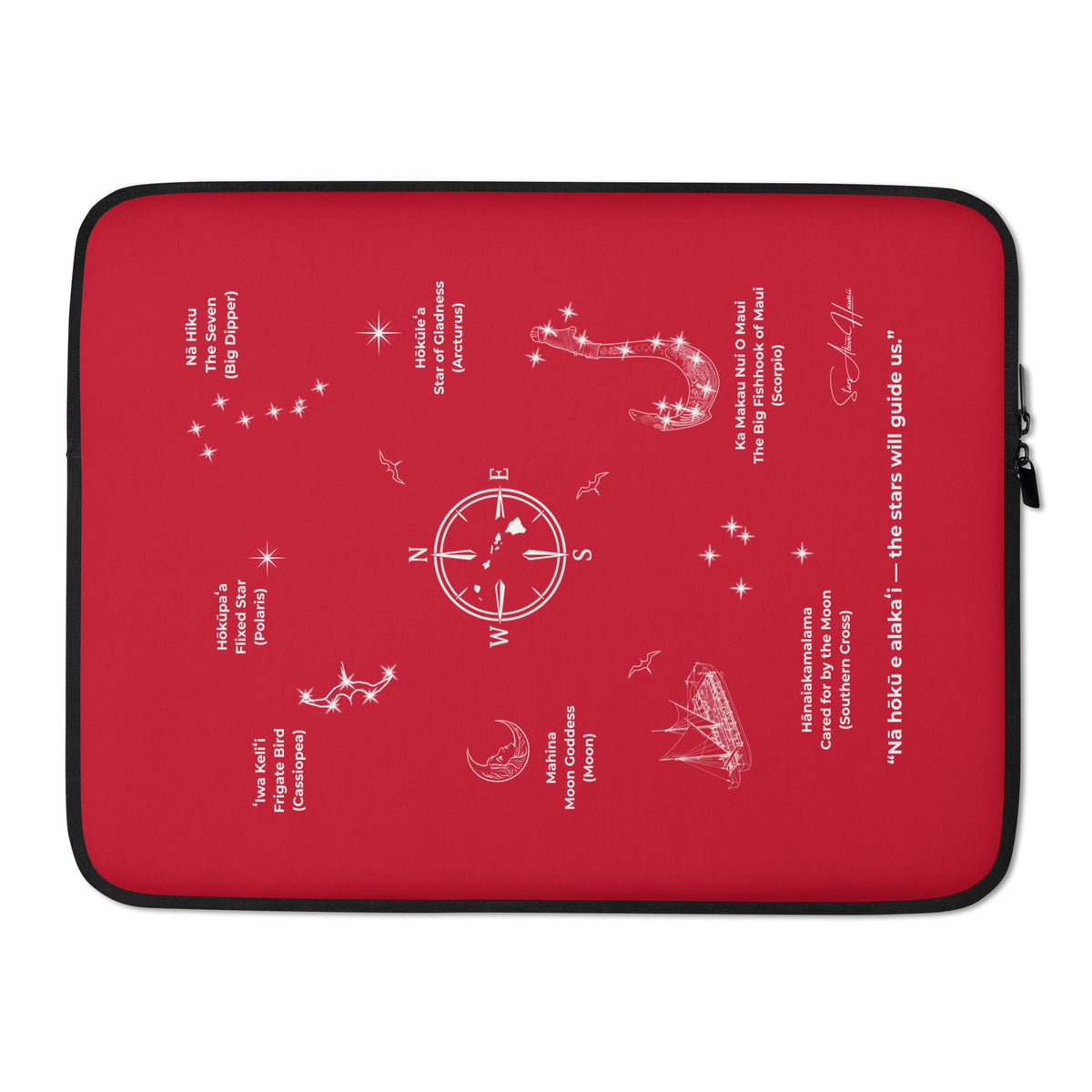 Alternate view of red Hawaiʻi Star Navigation laptop sleeve with celestial wayfinding artwork