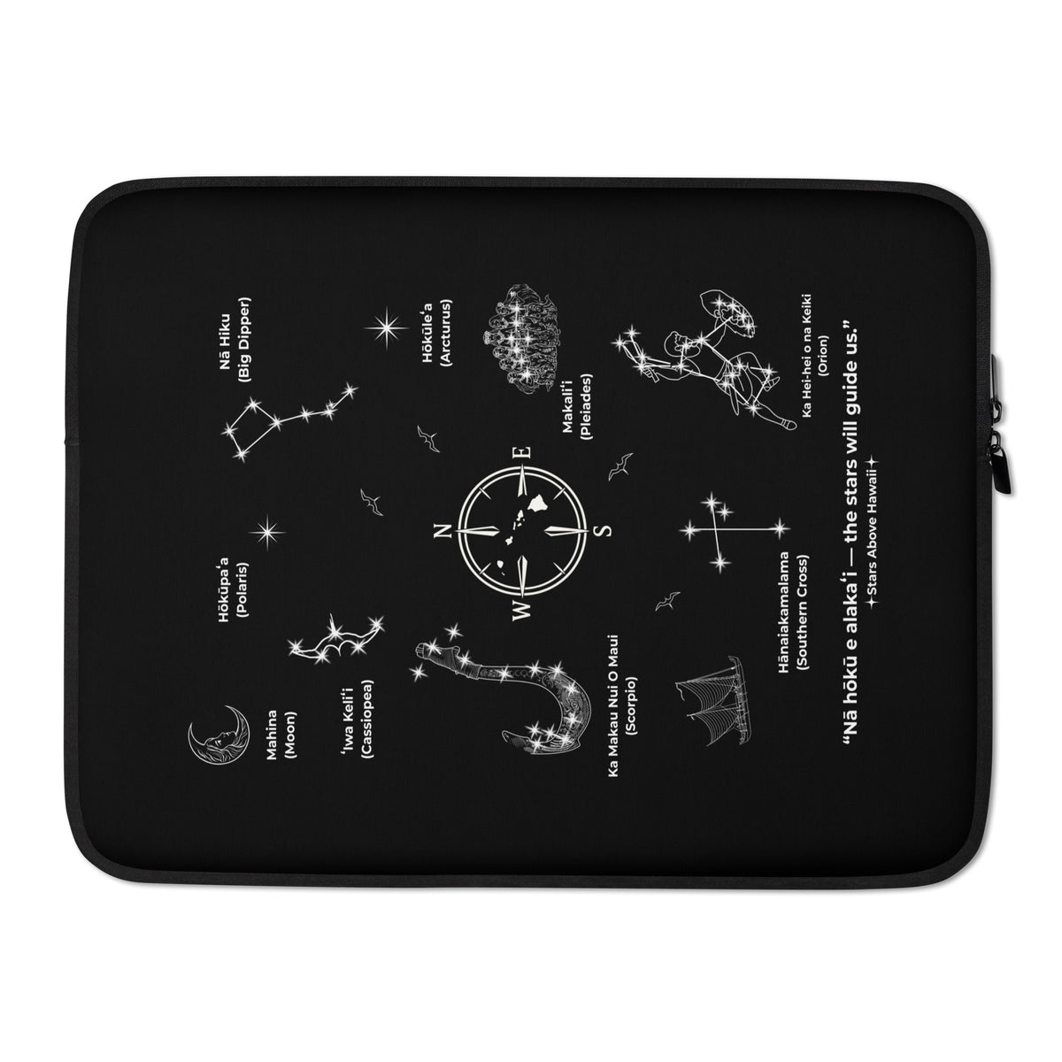 Black Hawaiʻi Star Navigation laptop sleeve showing astronomy and Hawaiian star-navigation design