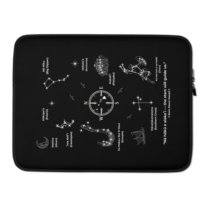Black Hawaiʻi Star Navigation laptop sleeve showing astronomy and Hawaiian star-navigation design