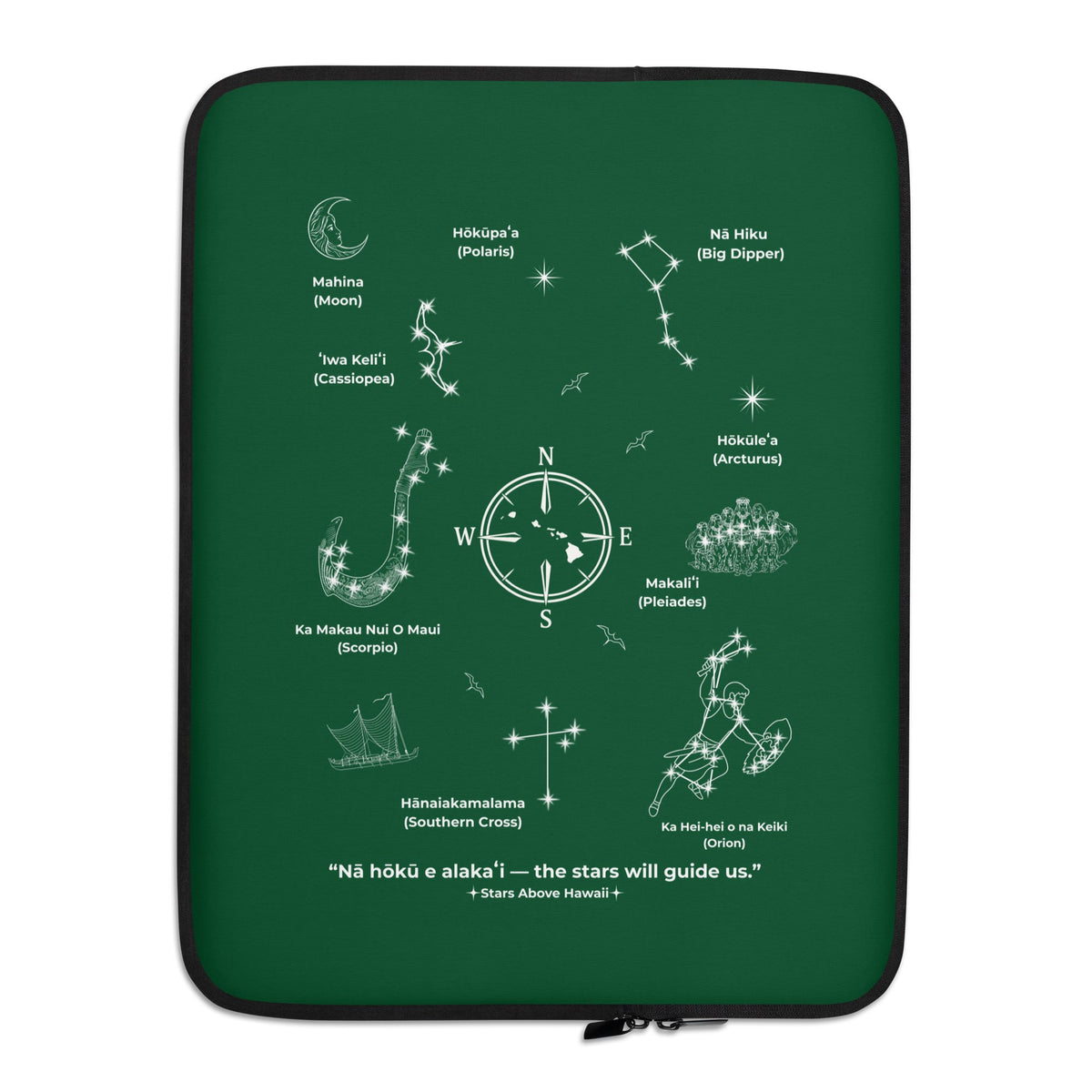 Green Polynesian Star Navigation laptop sleeve shown in 15-inch size