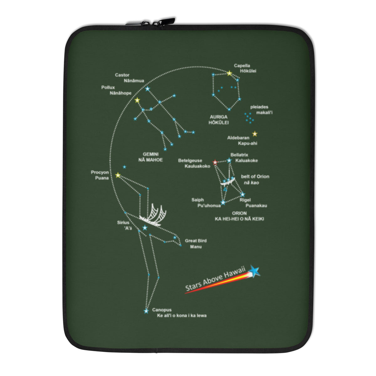 Dark green Hawaiʻi Winter Star Line laptop sleeve showing astronomy and Hawaiian star-line design