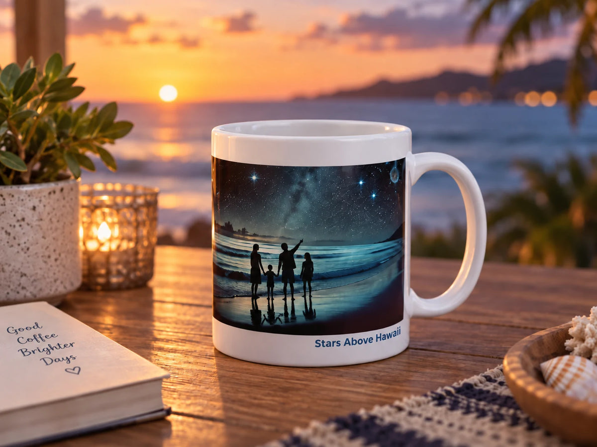A white ceramic coffee mug with a custom printed graphic of a family silhouette under a starry night sky at the beach, set on a wooden table with a sunset ocean background.
