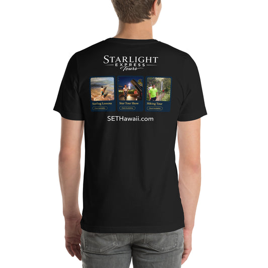 Black Starlight Express Tours T-shirt with colorful Hawaiʻi tours and activities design on back